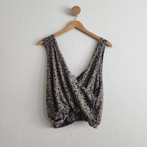 Free People Your Twisted Tee Printed Black Combo Green Wrap Front V-Neck XS NEW